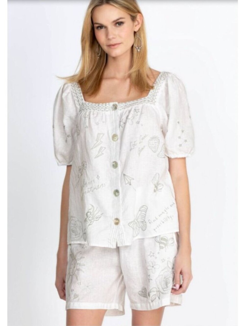 Johnny Was White Linen Floral Embroidered Blouse XL Sovanna Wander Embroidered S